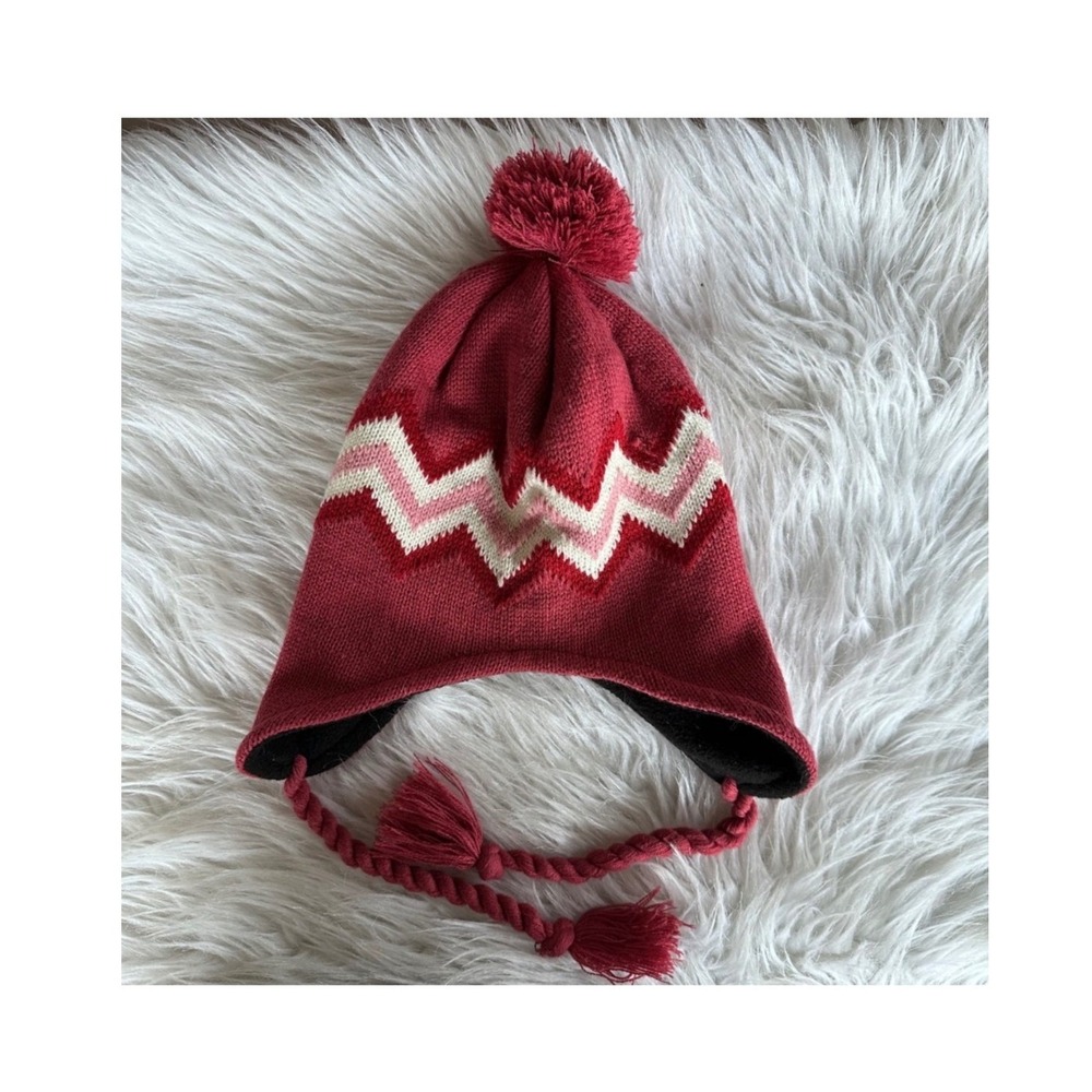 Goldmedal Beanie Hat Red Chevron Knit Trapper Fleece Lined Earflap Pom Beanie